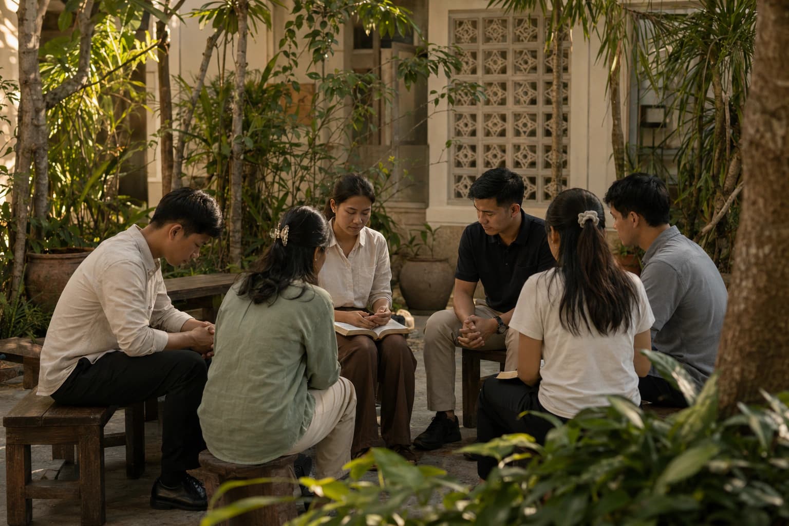 A group gathering in the courtyard